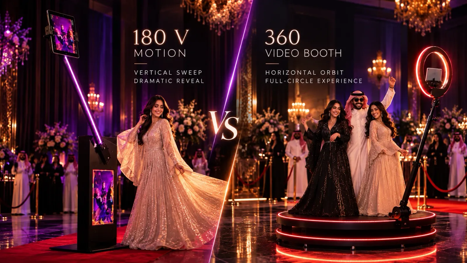 180 V Motion vertical sweep booth versus 360 Video Booth horizontal orbit at a luxury event in Saudi Arabia