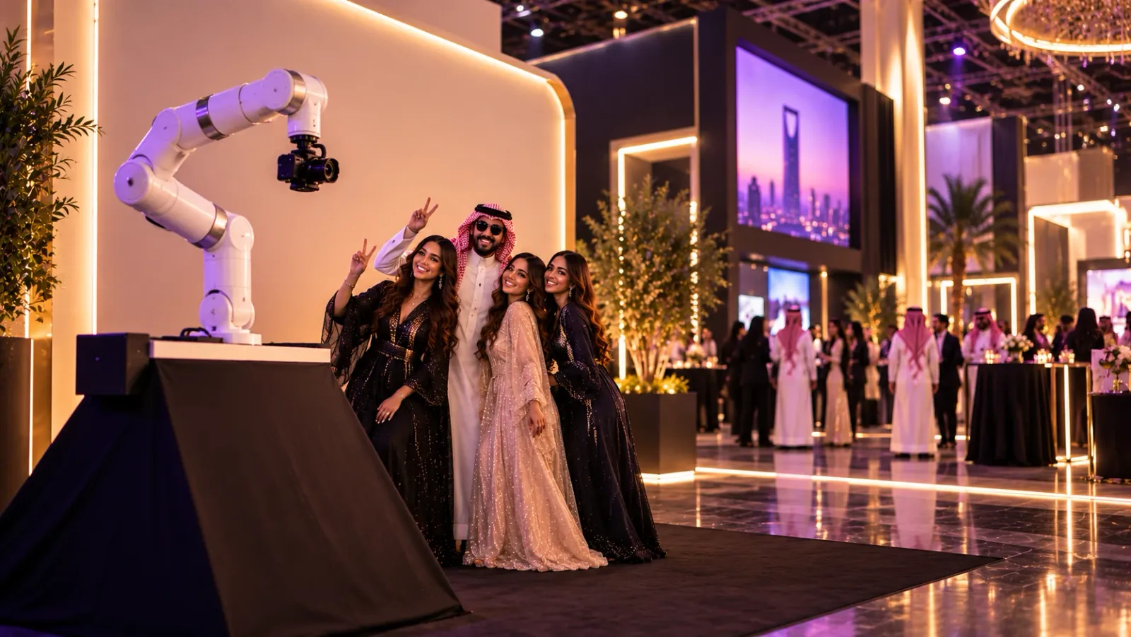 Guests posing at a robotic arm photo booth during a large exhibition event in Saudi Arabia