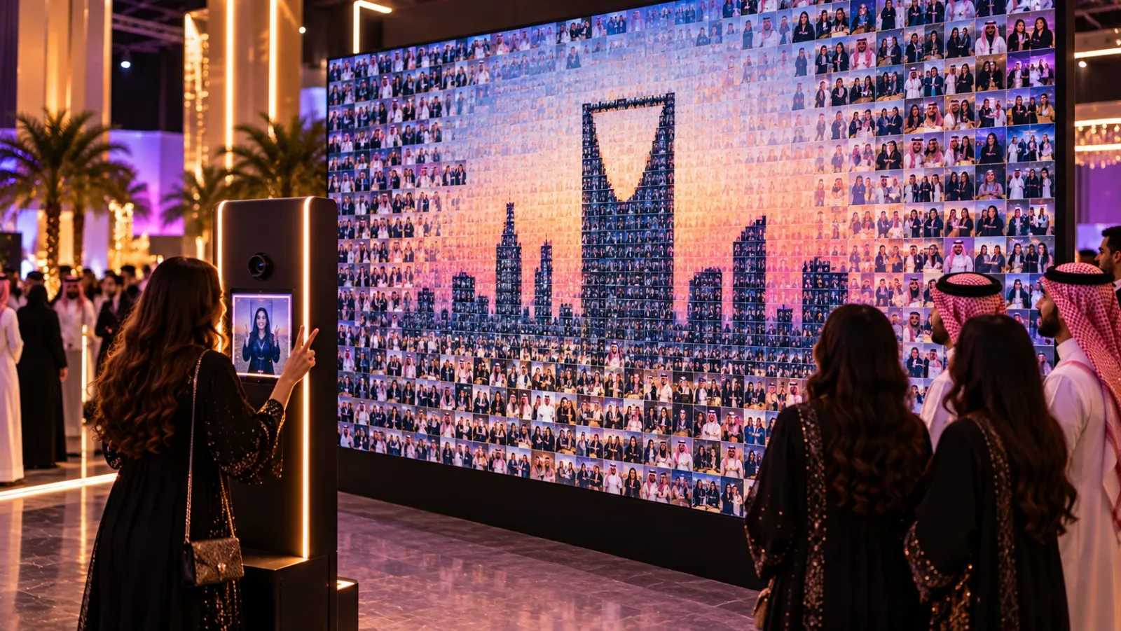 Guest taking a photo at a mosaic photo wall station that builds a Riyadh skyline from guest photos
