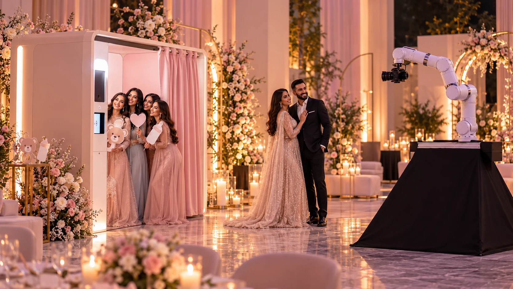 Pastel enclosed photo booth and Glambot camera at a baby shower and engagement party in Saudi Arabia