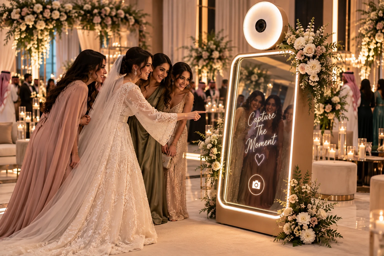 Elegant wedding photo booth experience at a luxury Saudi Arabian wedding